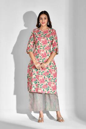 printed calf length cotton woven women's kurta set - pink