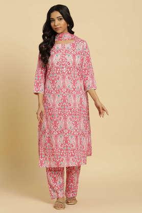 printed calf length cotton woven women's kurta set - pink