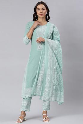 printed calf length cotton woven women's kurta set - pista green