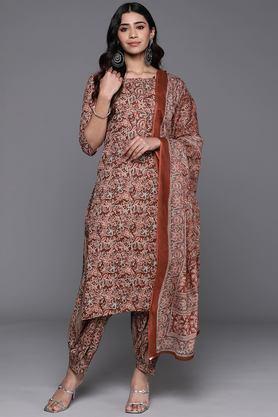 printed calf length cotton woven women's kurta set - rust