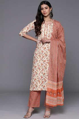 printed calf length cotton woven women's kurta set - rust