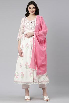 printed calf length cotton woven women's kurta set - white
