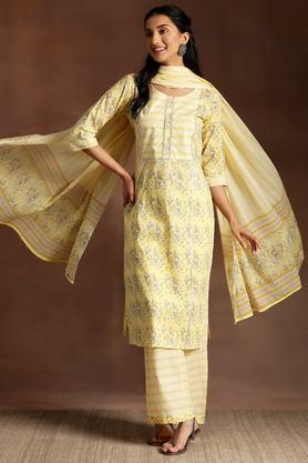 printed calf length cotton woven women's kurta set - yellow