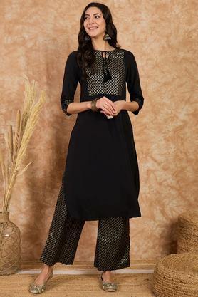 printed calf length crepe knitted women's kurta set - black