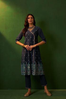 printed calf length crepe knitted women's kurta set - navy