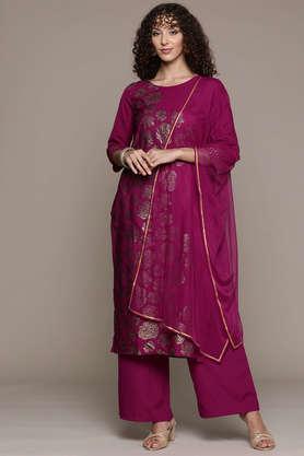 printed calf length crepe woven women's kurta and palazzo with dupatta set - dark pink