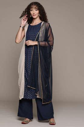 printed calf length crepe woven women's kurta and palazzo with dupatta set - navy