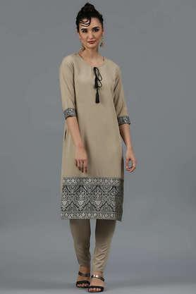 printed calf length crepe woven women's kurta and pant set - natural