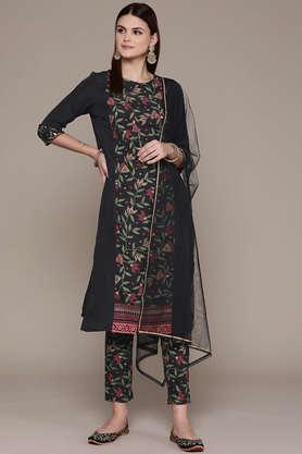 printed calf length crepe woven women's kurta and pant with dupatta set - black
