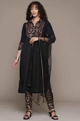 printed calf length crepe woven women's kurta and pant with dupatta set - black