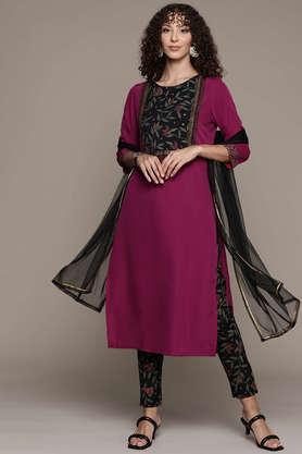 printed calf length crepe woven women's kurta and pant with dupatta set - pink