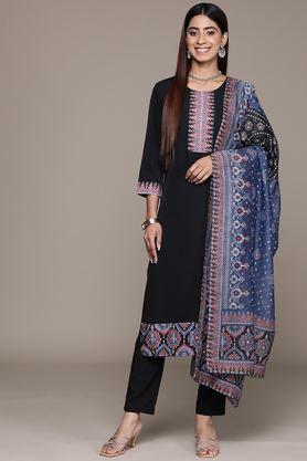 printed calf length crepe woven women's kurta set - black