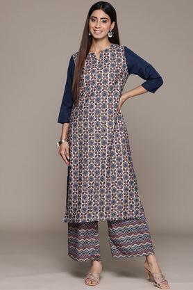 printed calf length crepe woven women's kurta set - blue