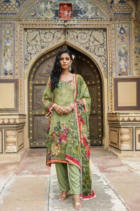 printed calf length crepe woven women's suit set - green