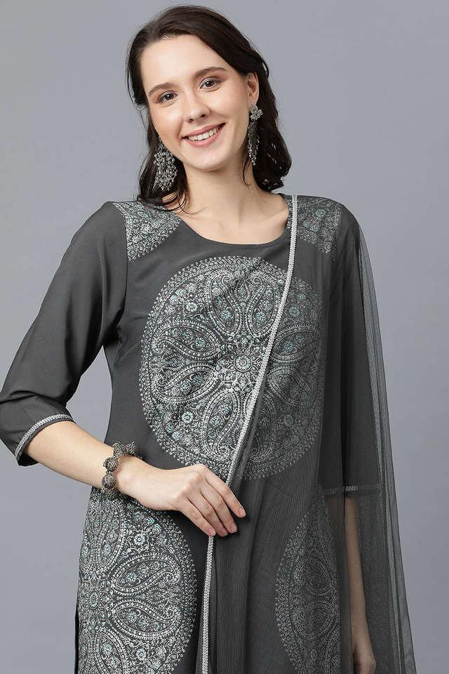 printed calf length crepe woven womens kurta, palazzo and dupatta set