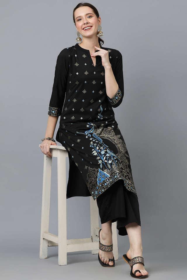 printed calf length crepe woven womens kurta and palazzo set