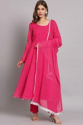 printed calf length georgette knitted women's kurta set - dark pink