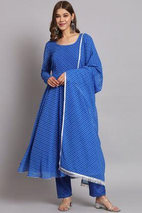 printed calf length georgette knitted women's kurta set - royal blue