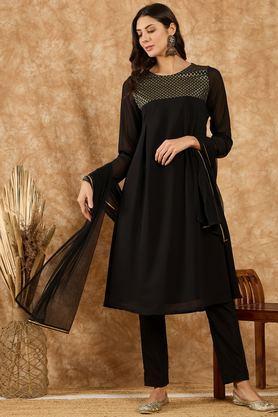 printed calf length georgette woven women's kurta set - black