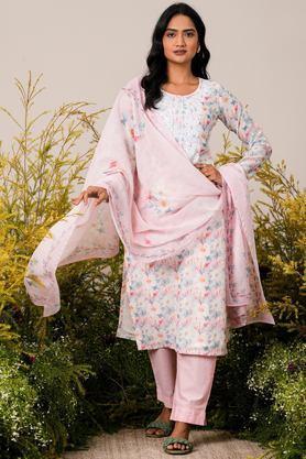 printed calf length linen woven women's kurta set - pink