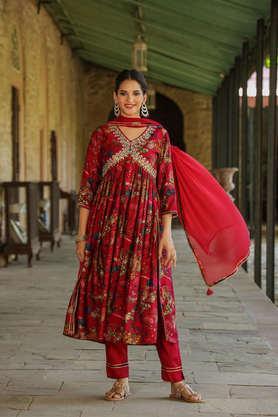 printed calf length modal woven women's kurta set - fuchsia
