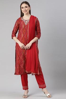 printed calf length modal woven women's kurta set - red