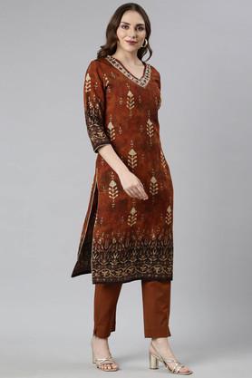 printed calf length modal woven women's kurta set - rust