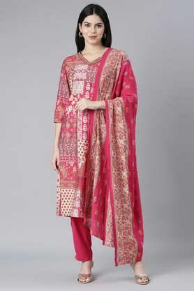 printed calf length modal woven women's kurta trouser dupatta set - pink
