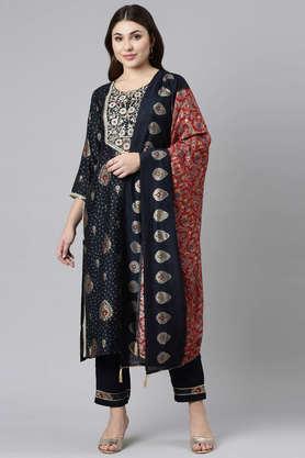 printed calf length modal woven women's salwar kurta dupatta set - navy