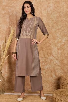 printed calf length polyester knitted women's kurta set - brown