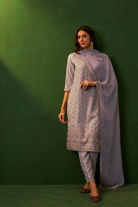 printed calf length polyester knitted women's kurta set - ltgrey