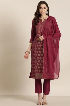 printed calf length polyester knitted women's kurta set - red
