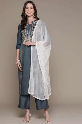 printed calf length polyester woven women's kurta and palazzo with dupatta set - grey