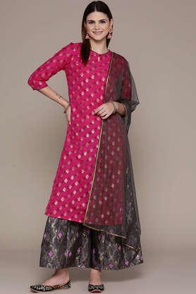 printed calf length polyester woven women's kurta and palazzo with dupatta set - pink