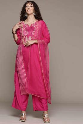 printed calf length polyester woven women's kurta and palazzo with dupatta set - pink