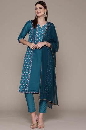 printed calf length polyester woven women's kurta and pant with dupatta set - blue