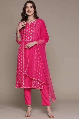 printed calf length polyester woven women's kurta and pant with dupatta set - pink