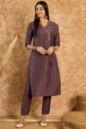 printed calf length polyester woven women's kurta set - purple
