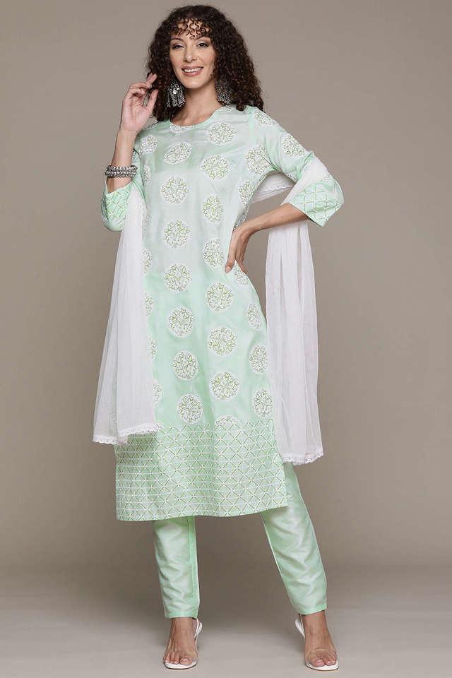 printed calf length polyester woven womens kurta and pant with dupatta set