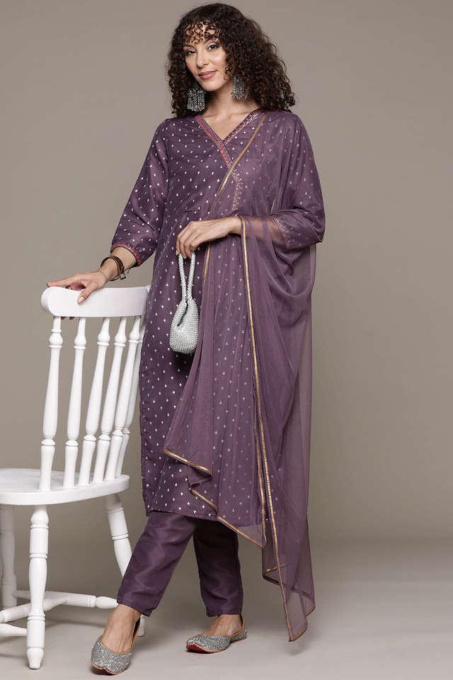 printed calf length polyester woven womens straight kurta and pant with dupatta set