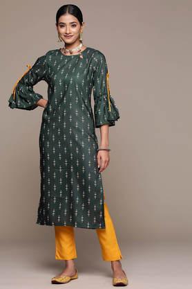 printed calf length rayon knit women's kurta pant set - bottle green