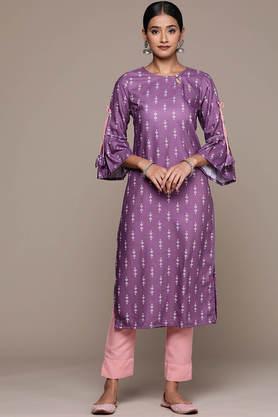 printed calf length rayon knit women's kurta pant set - lavender