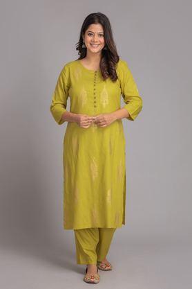 printed calf length rayon knitted women's kurta set - green