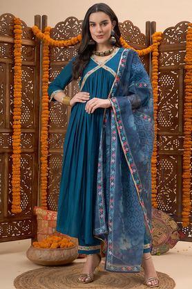 printed calf length rayon knitted women's kurta set - teal