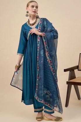 printed calf length rayon knitted women's kurta set - teal