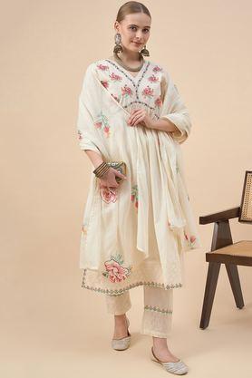 printed calf length rayon knitted women's kurta set - white