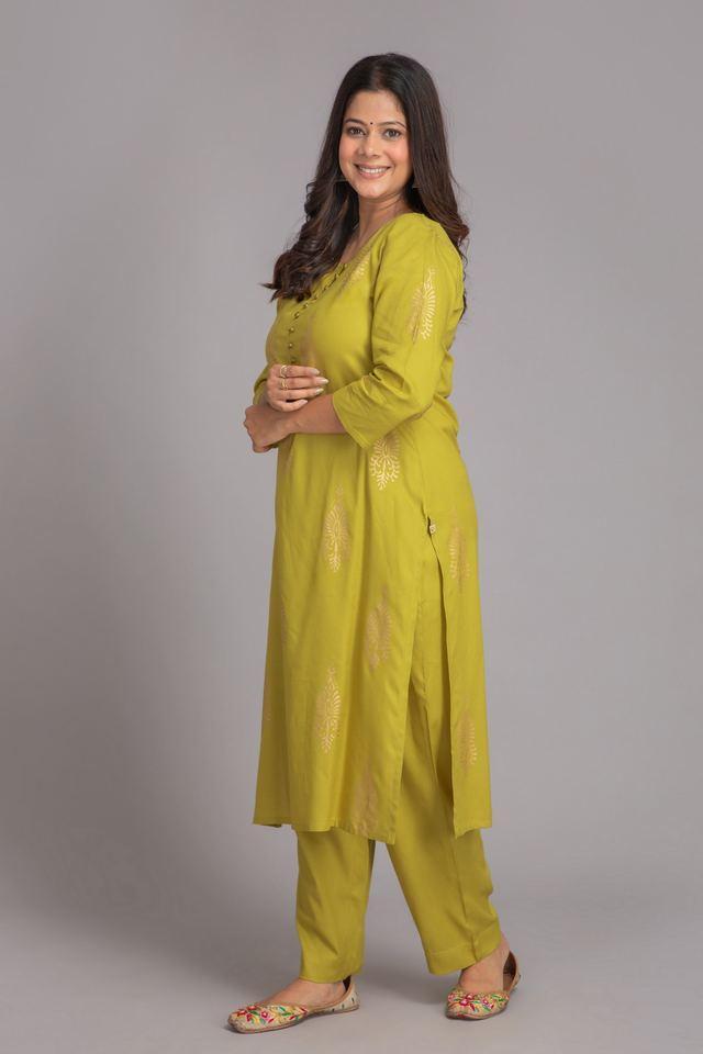 printed calf length rayon knitted womens kurta set