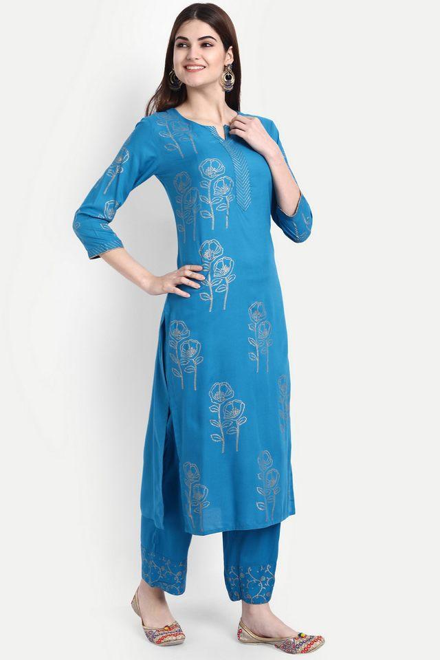 printed calf length rayon knitted womens kurta set