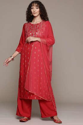 printed calf length rayon woven women's kurta and palazzo with dupatta set - red