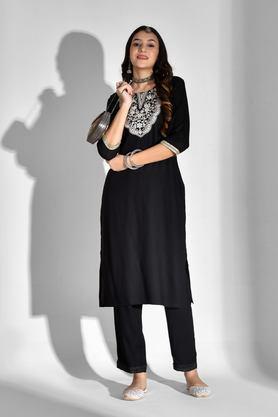 printed calf length rayon woven women's kurta set - black